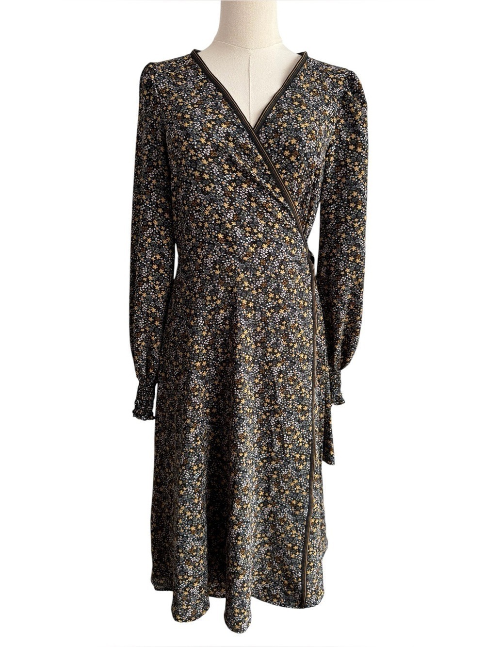 Max Studio Ditsy Floral True Wrap Midi Dress Sz M Dark Romantic Long Sleeve Boho